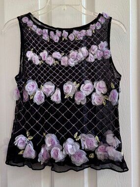 Karen Kane Lifestyle Sleeveless sheer Black silk top lilac beads & flowers sz 6